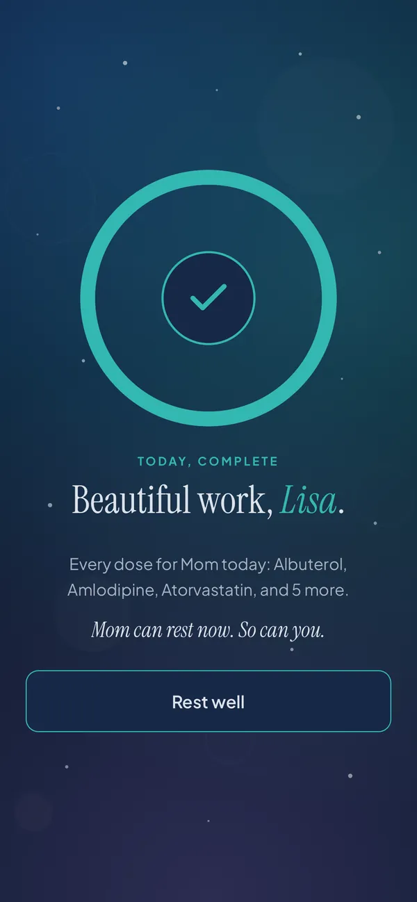 Avenly's day complete screen: a finished teal ring above the words beautiful work, Lisa.